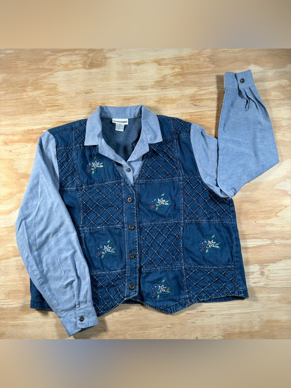 Vintage Alfred Dunner Patchwork Quilted Floral Embroidered Denim Jacket Shirt Sz